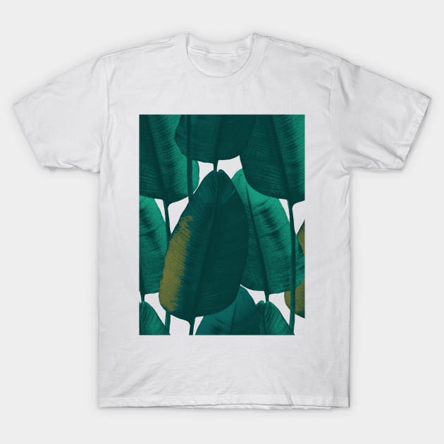 Dark summer tropical textural leaves. Vibrant banana leaves. Night jungle foliage T-Shirt by likapix